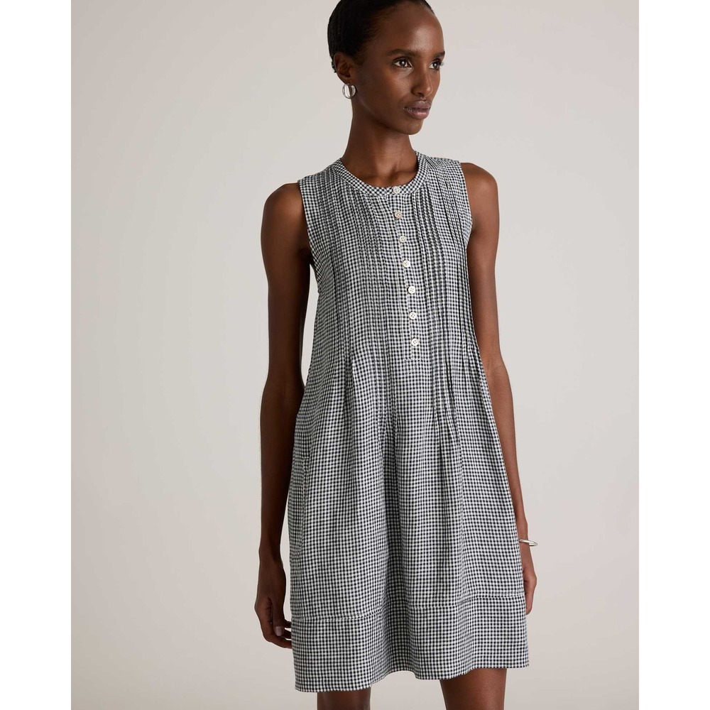 Quince Women 100% Linen Swing Dress XS Black White Gingham Sleeveless Pleated